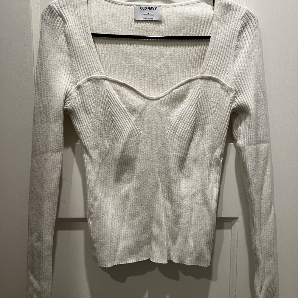 Old Navy Cream Ribbed Long-Sleeve Square Neck Knit Top